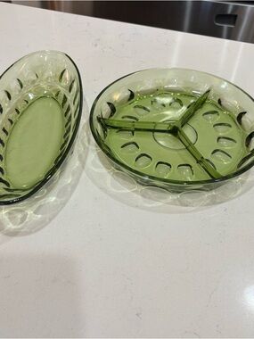 Vintage Indiana Glass Avacado Green Thumbprint Relish and 3 Part Divided Dish